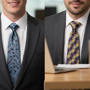 🇯🇵Stylish Blue and Yellow Patterned SILK Ties Set. Made in Japan